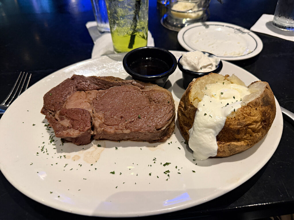 Johnny's prime rib with baked potato.